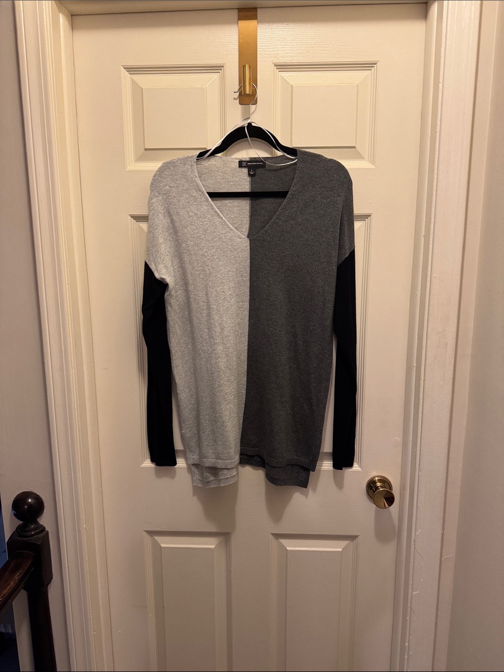 Split-Panel V-Neck Sweater in Light Gray and Charcoal - Unbranded